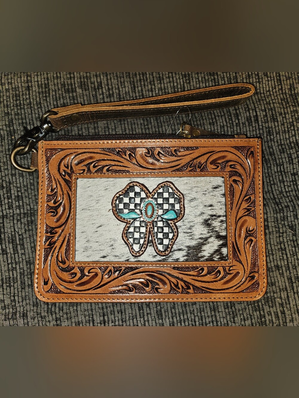 Brown Leather Tooled Cowhide Wristlet with Checkered Turquoise Bow Accent